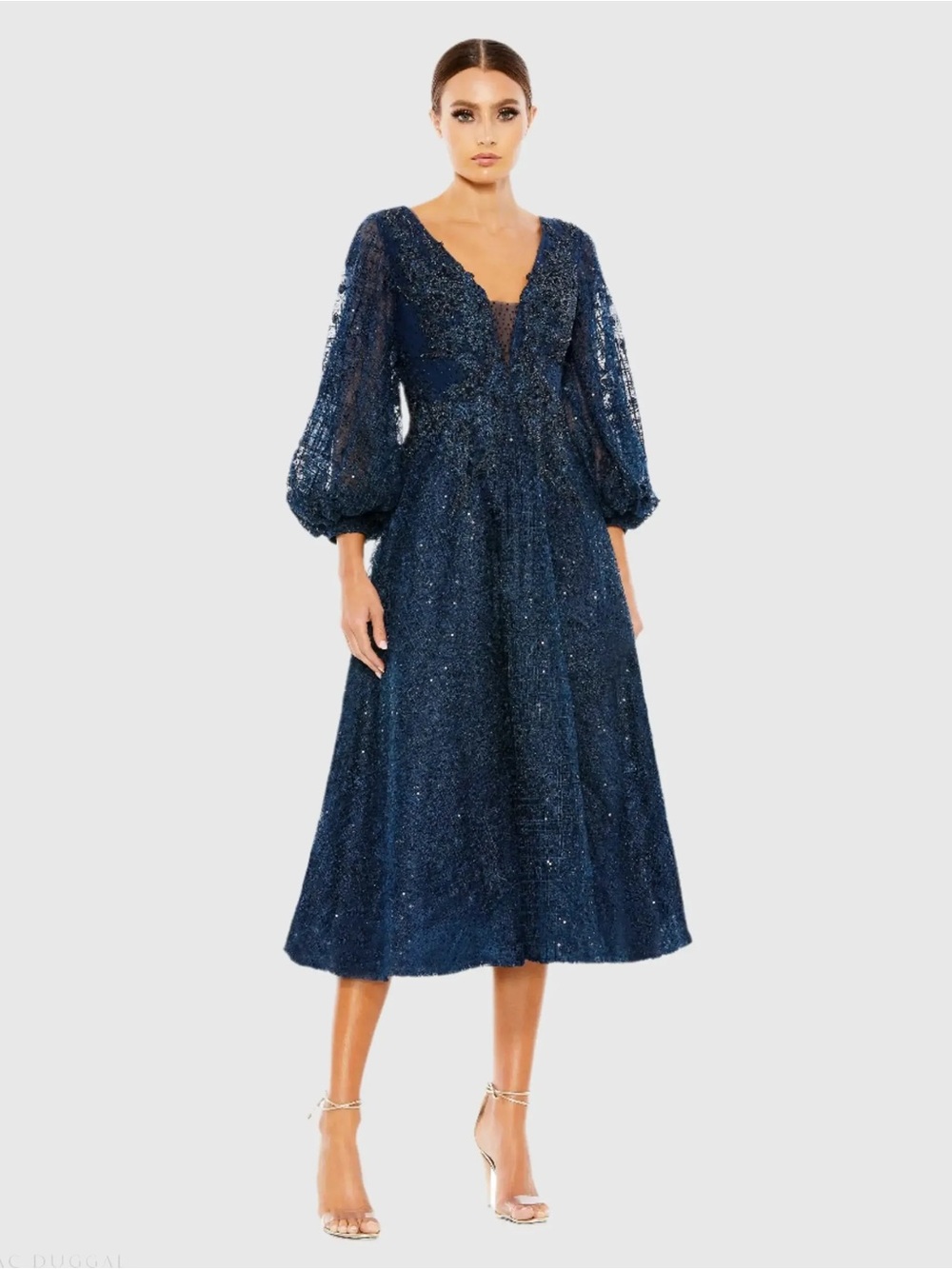 MAC DUGGAL Embellished Plunge Bishop Sleeve Dress Midnight Sz 12 20391 NWT $598
